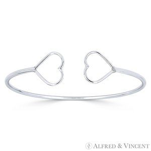 13x15mm Double Heart Charm Open-Cuff Bangle Bracelet in .925 Sterling Silver